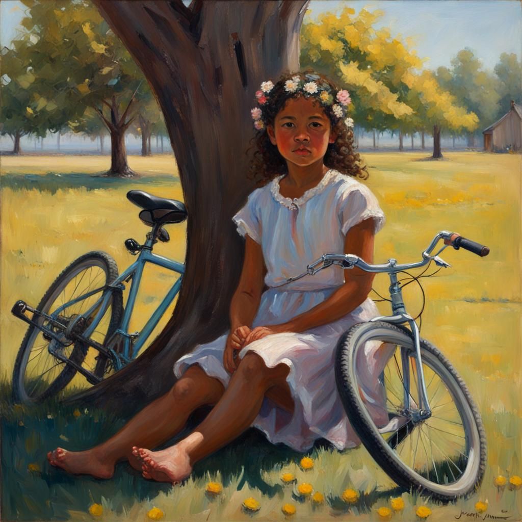 Girl Under Tree in Sunny Oil Painting