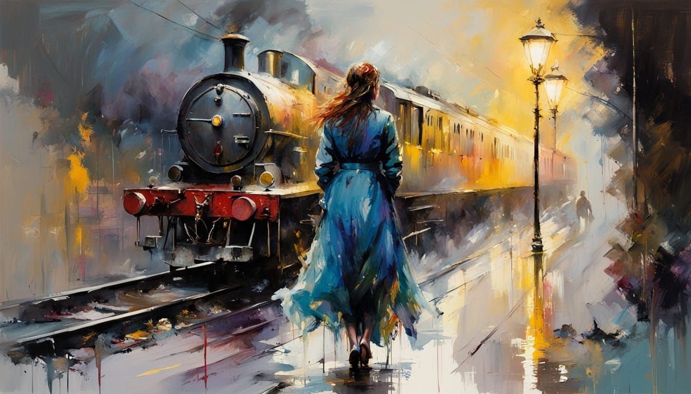 Woman on Deserted Platform Under Moonlight, Vintage Train