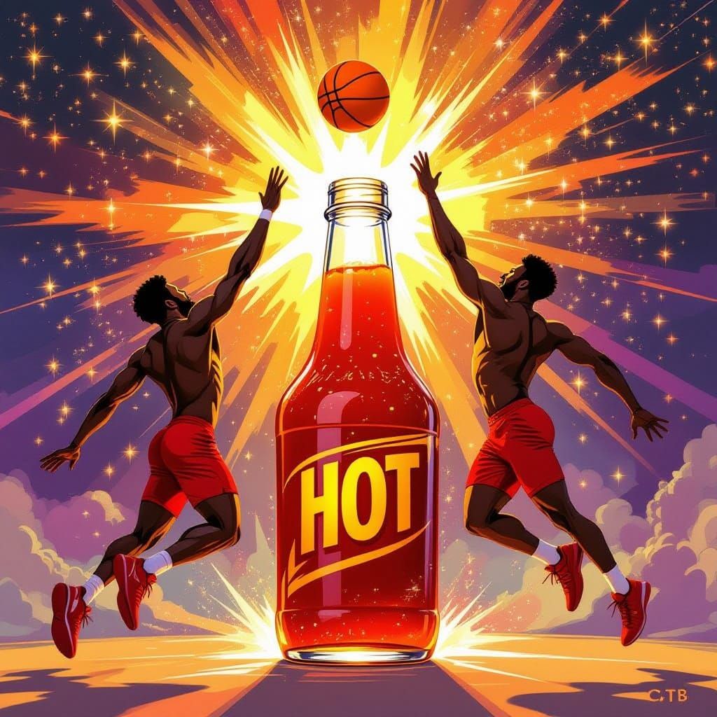 Athletic Men Shoot Hoops at Giant Hot Sauce Bottle