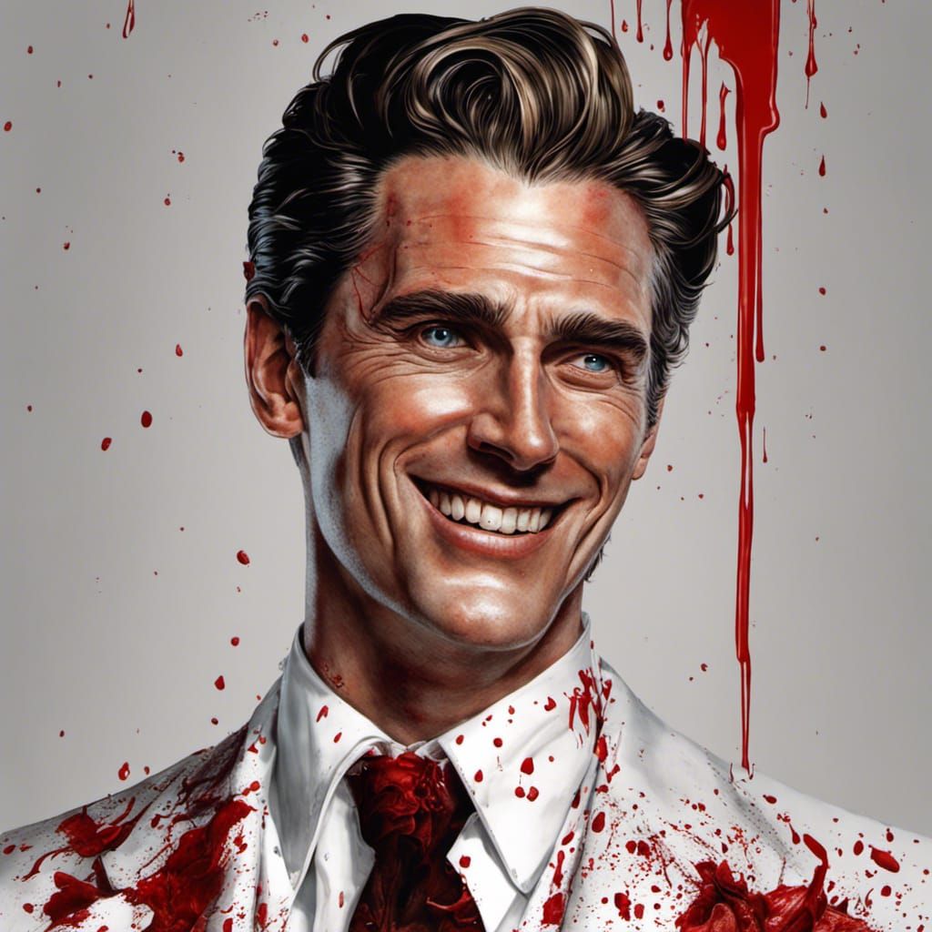 Blood-splattered Patrick Bateman Portrait in Rockwell Style