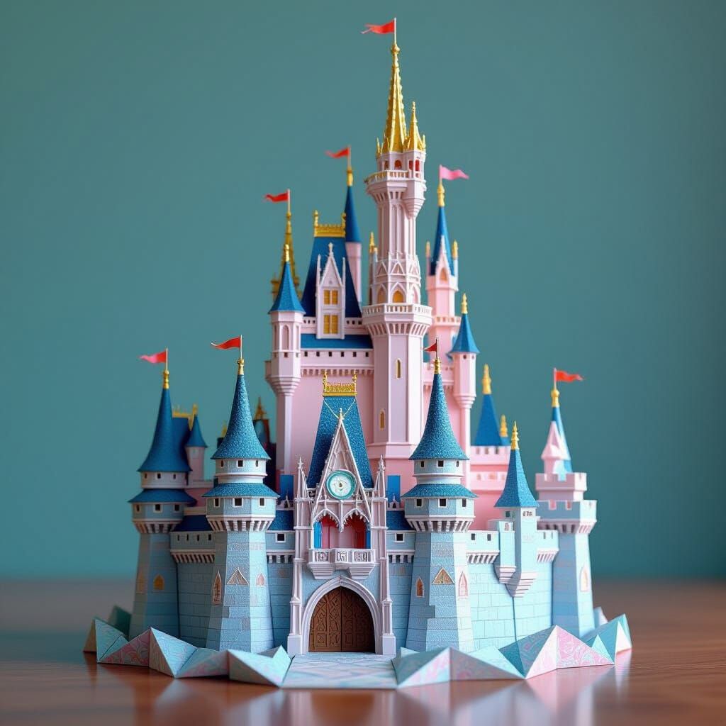 Origami Disney Castle in 3D Rendered Style