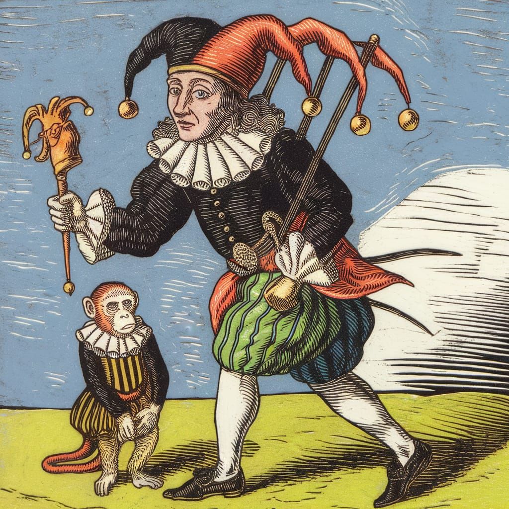 The Mischievous Jester in Medieval Woodcut Style