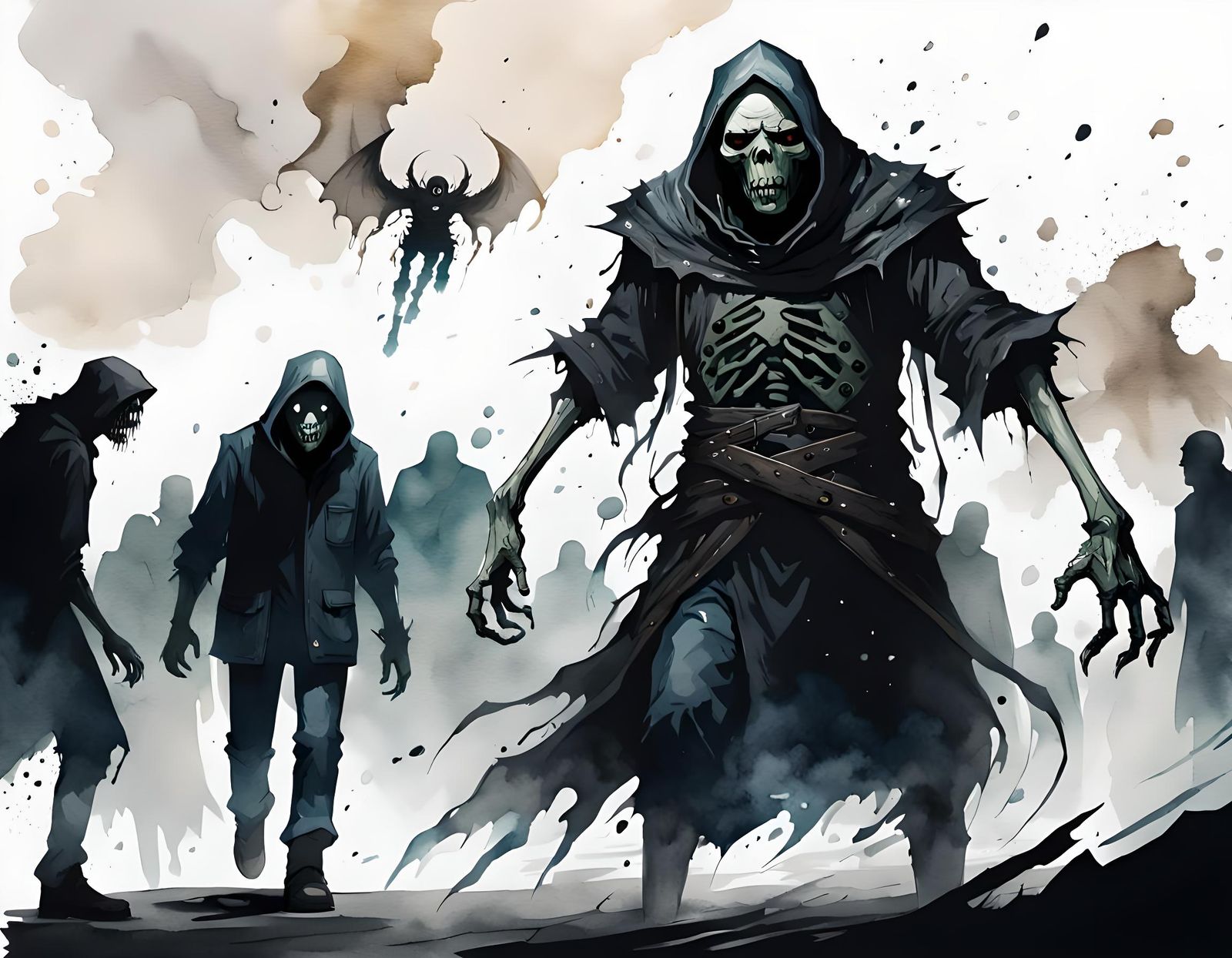 Grotesque Figure Leading People to Suffering in Watercolor