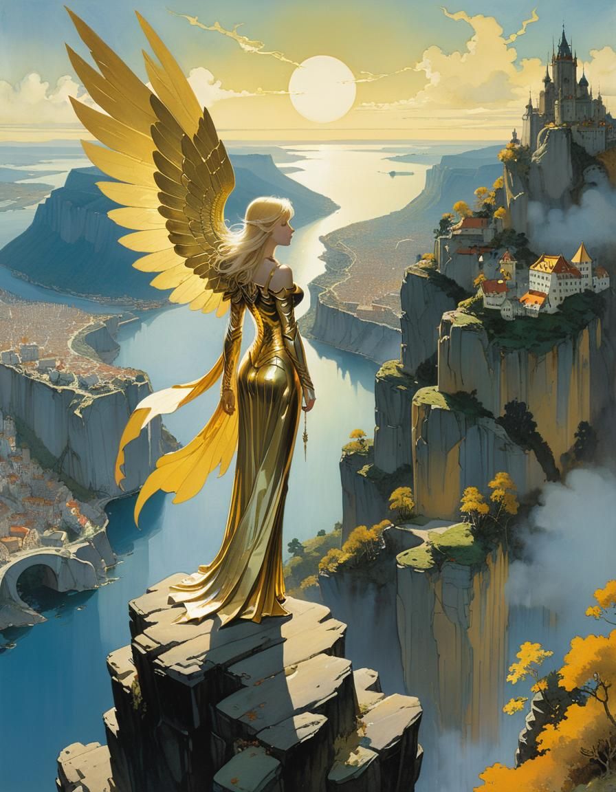 Winged Woman Overlooking City, Fantasy Art