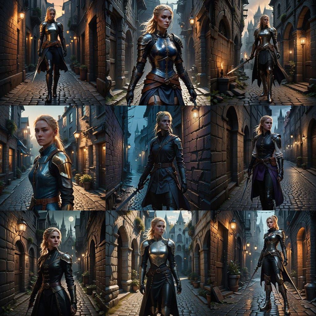 Elegant Warrior in Cobblestone Alley, Fantasy Portrait in Hi...