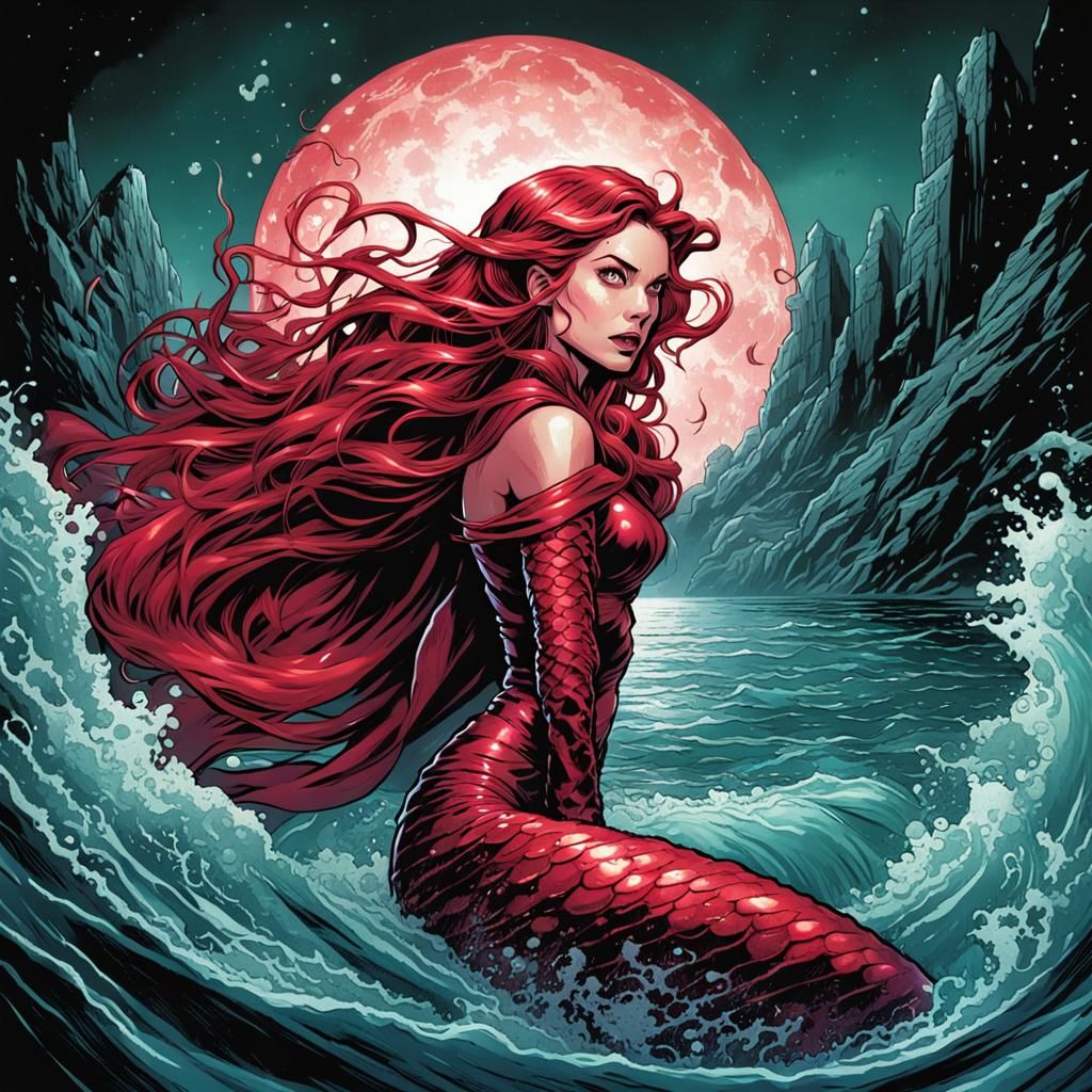 Scarlet Witch as a Mermaid in Comic Book Style
