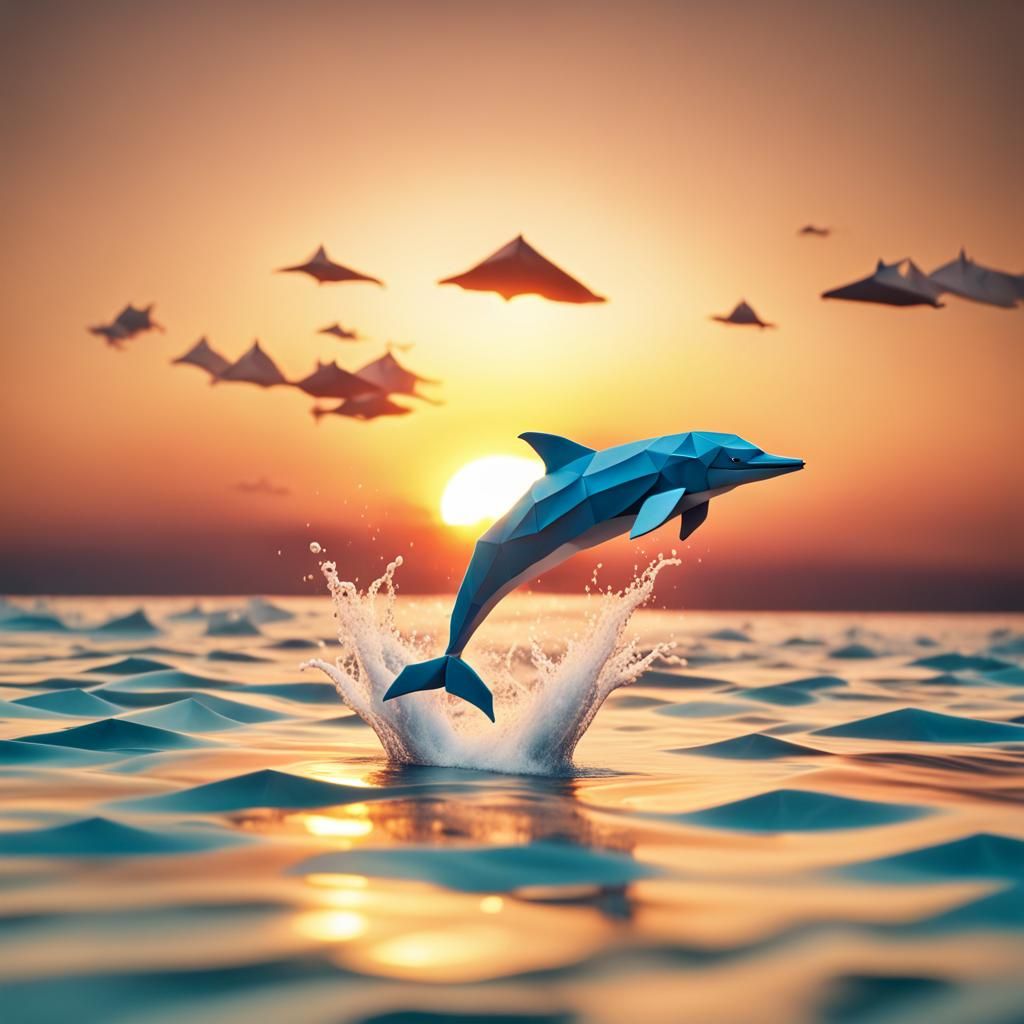 Origami Dolphin Leaps at Sunset, Papercraft Style