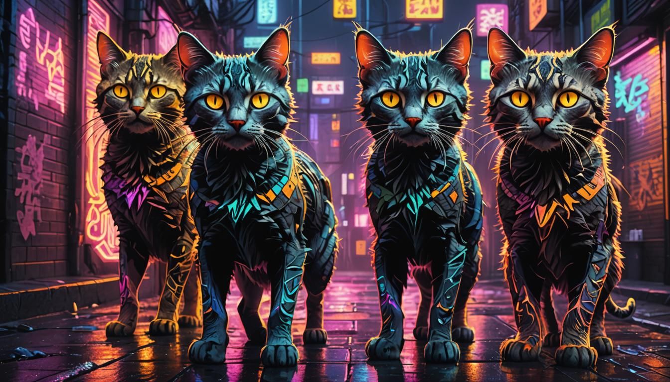 Horrifying Cats in Cyberpunk Neon Landscape
