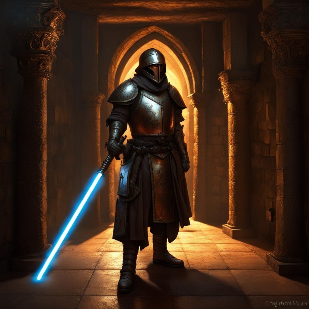 Medieval Guard with Lightsaber in Dark Dungeon