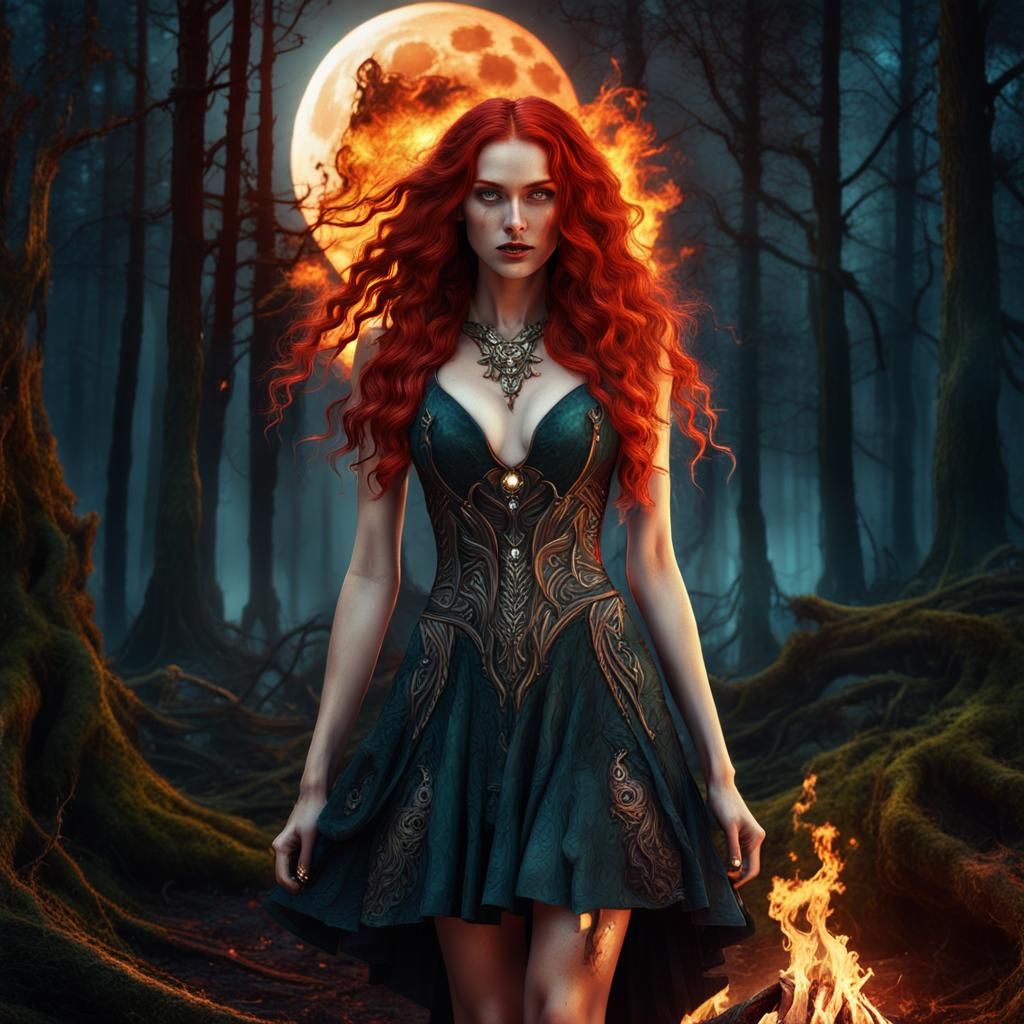 Nature Witch in Forest Firelight: Fantasy Concept Art
