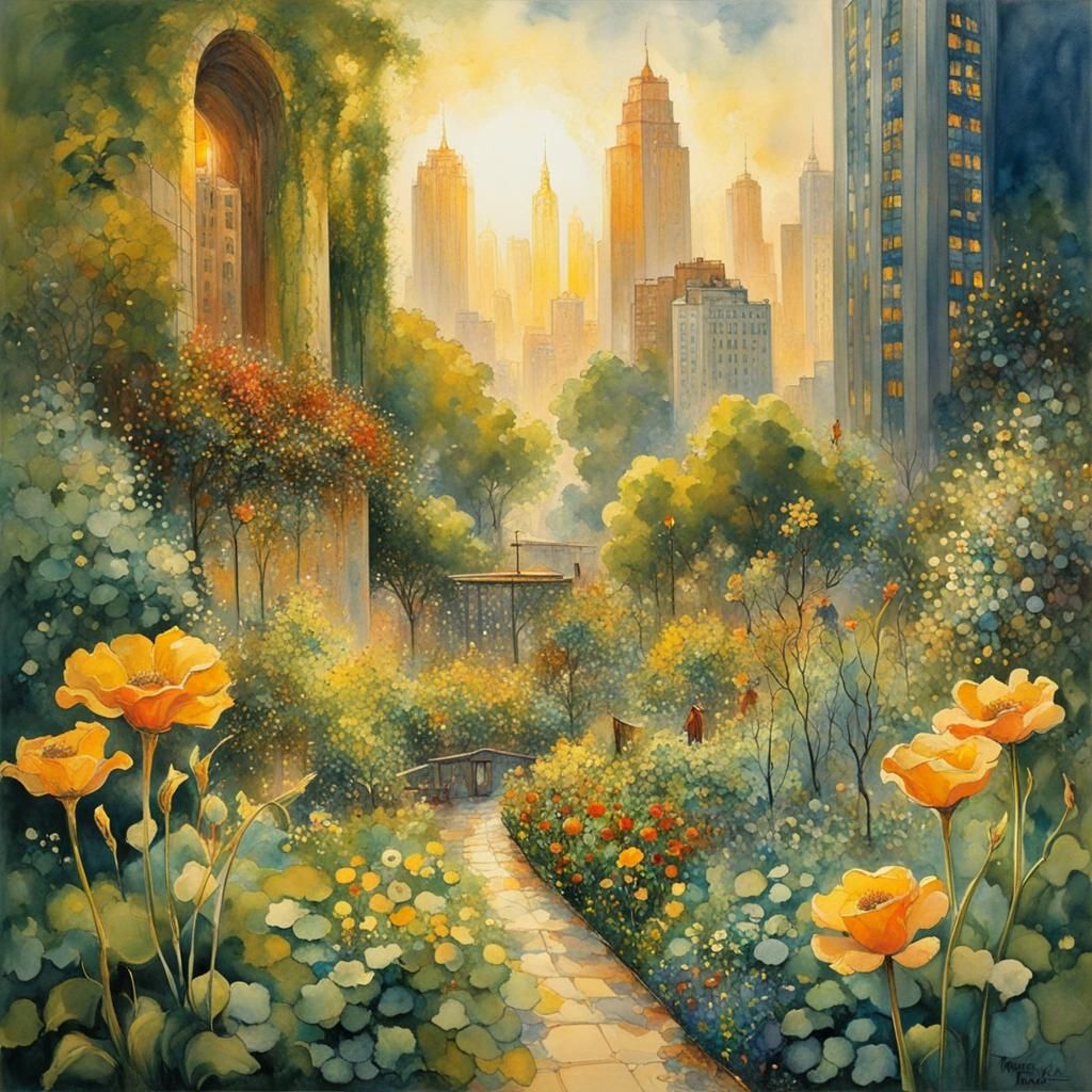 Lush Urban Garden: Watercolor Eden Between Skyscrapers