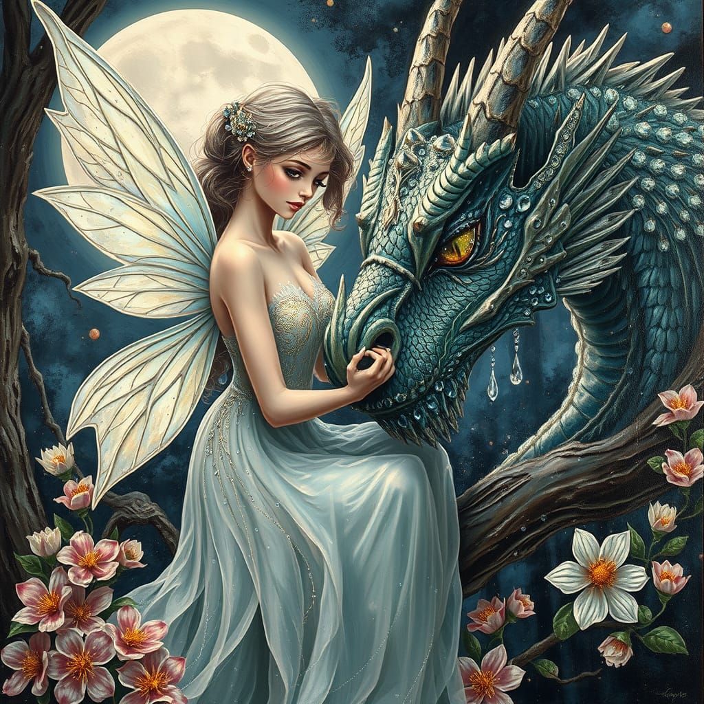 Elegant Crystal Fairy and Dragon in Impasto Style