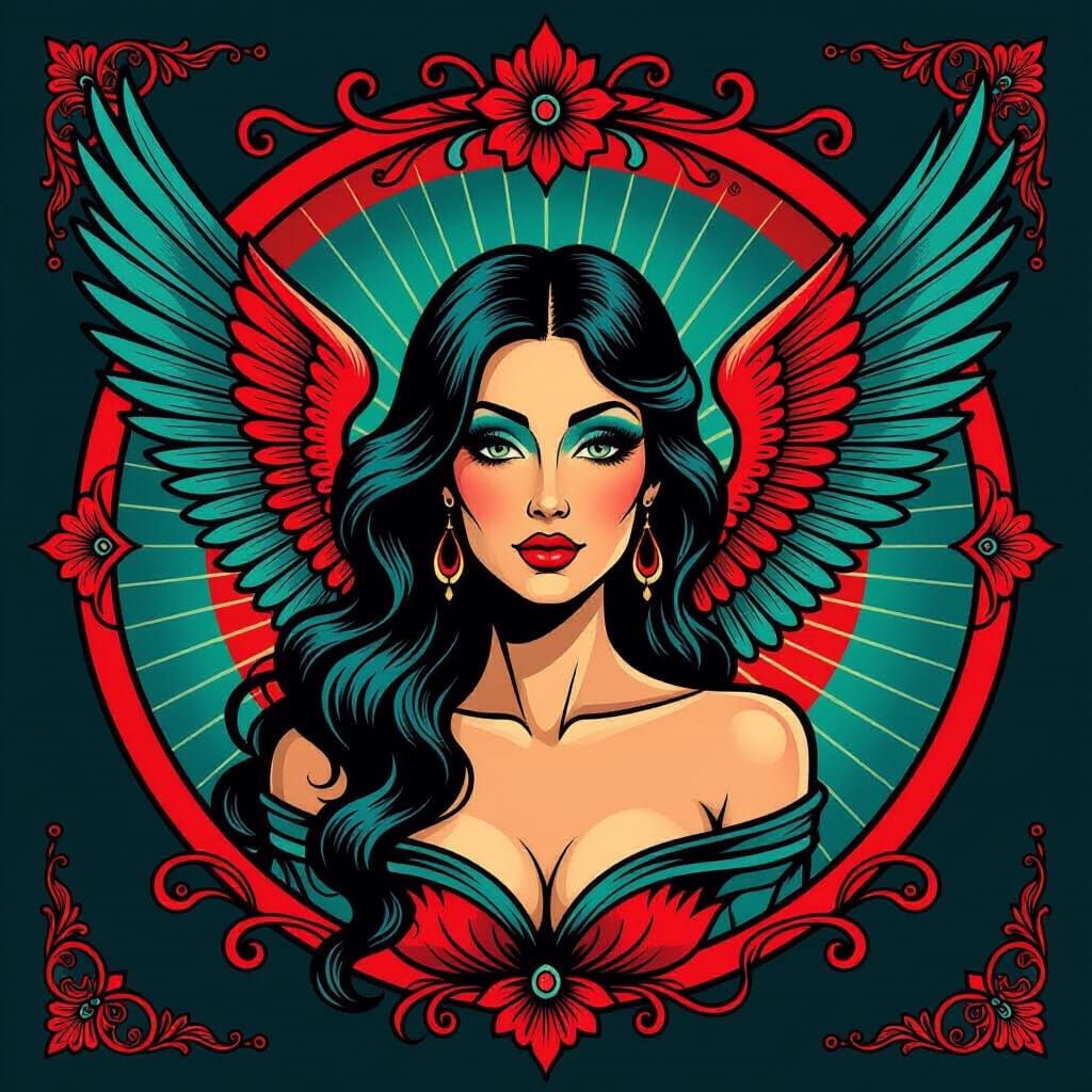 Mystical Woman with Wings Tattoo Design