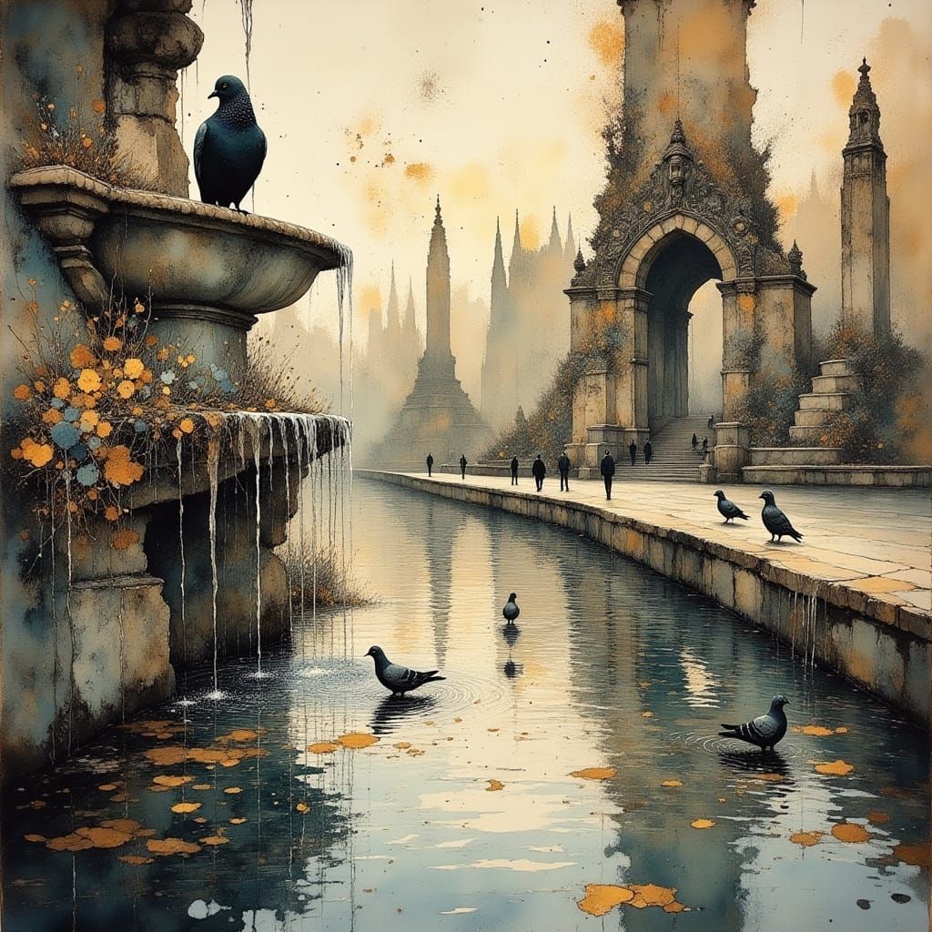 <lora:divineOil:1.0> <lora:Ink Poet:1.1>pigeons in a public fountain