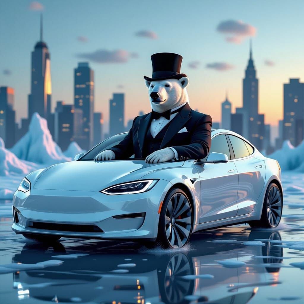 Polar Bear in Vintage Suit Drives Retro Tesla in Melting Cit...