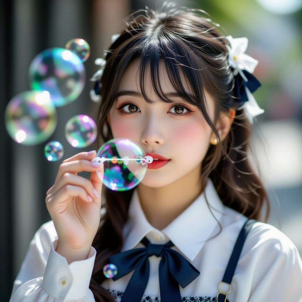 Gothic Japanese Girl Blowing Bubbles in Dreamy Photo