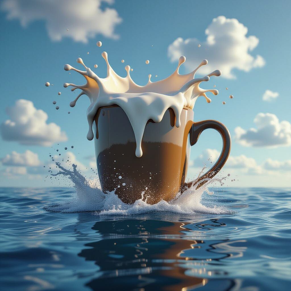Giant Coffee Mug Splashing Milk on Ocean Under Dramatic Sky