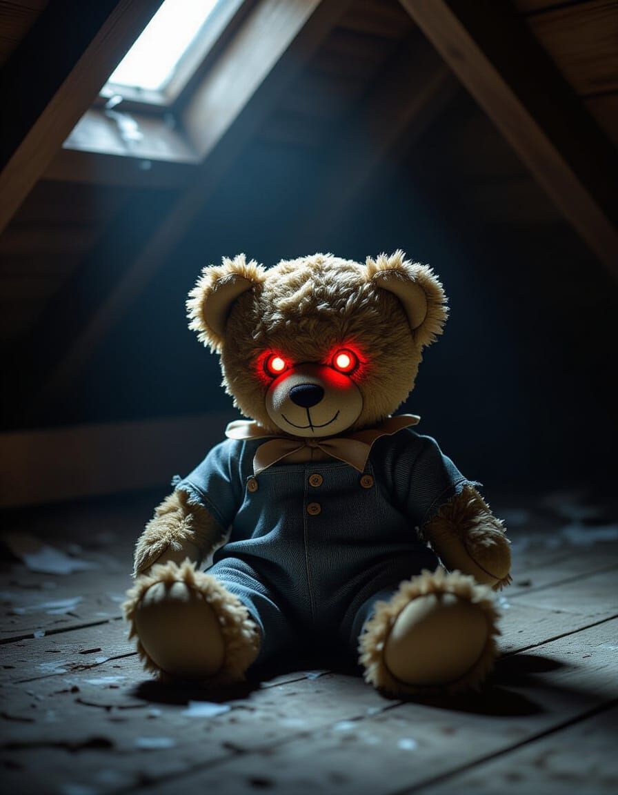 Eerie Teddy Bear in Moonlit Attic, Cinematic Horror Style