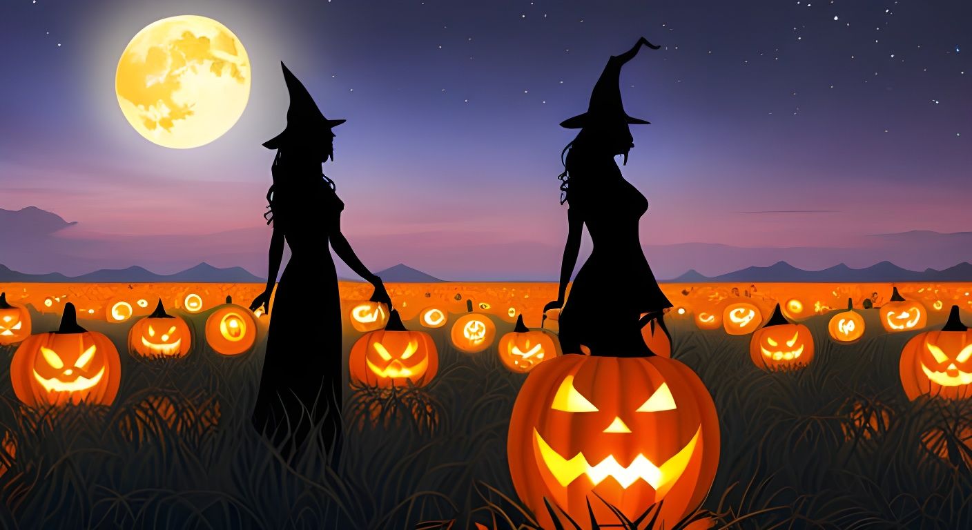 Ethereal Cosmic Witch in a Pumpkin Field
