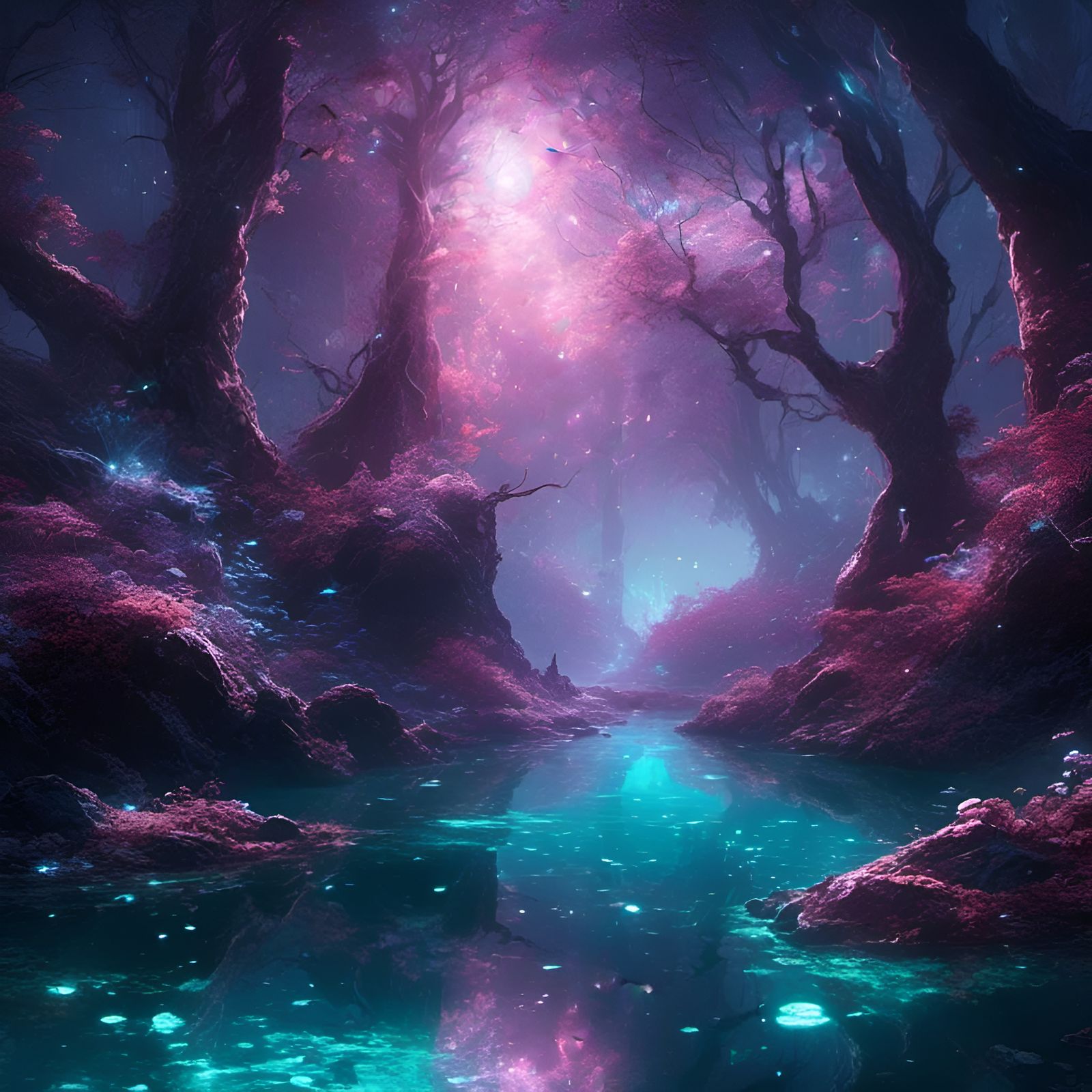 Mystic Forest Lake with Bioluminescence