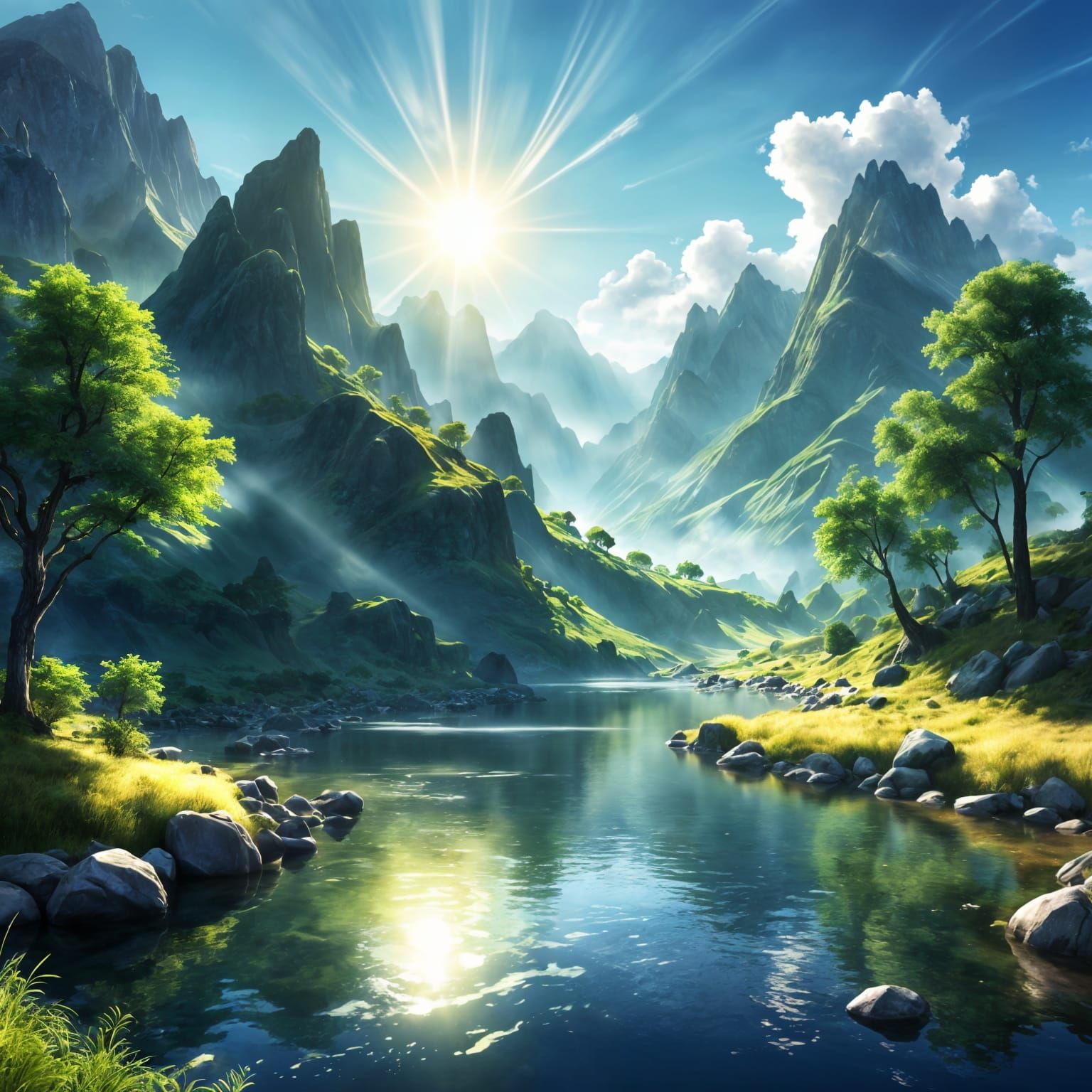 Serene Landscape with Sunshine Rays as Digital Art
