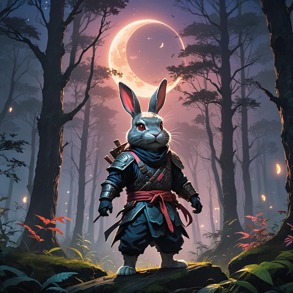 Ninja Bunny in Moonlit Forest Oil Painting