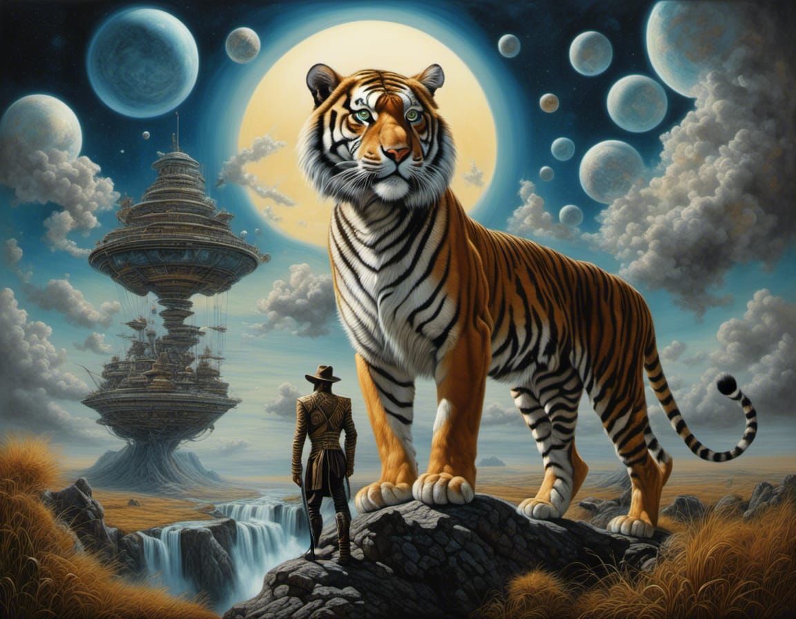 Majestic Bengal Tiger Hunts in Surreal Biopunk Landscape