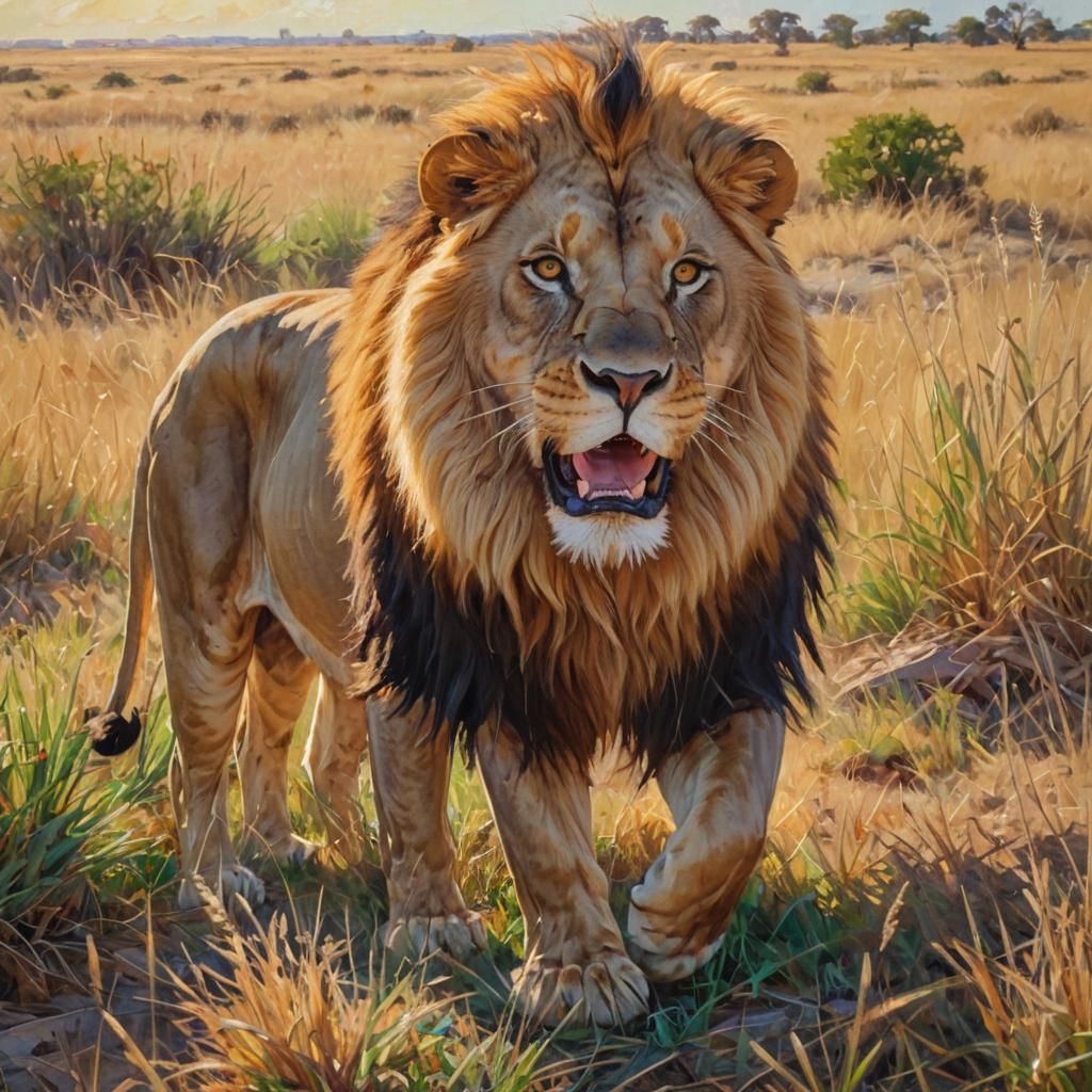 Roaring Lion in Savannah: Expressionist Oil Painting
