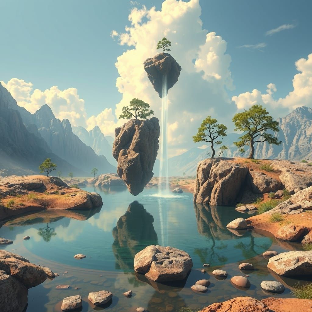 Surreal Landscape with Floating Rocks and Upward Lake