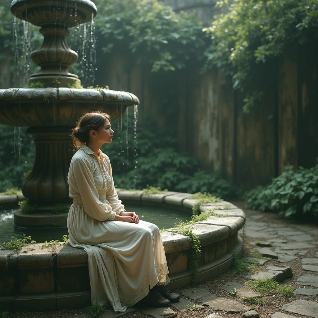Melancholic Woman by Decaying Fountain: Cinematic Film Still
