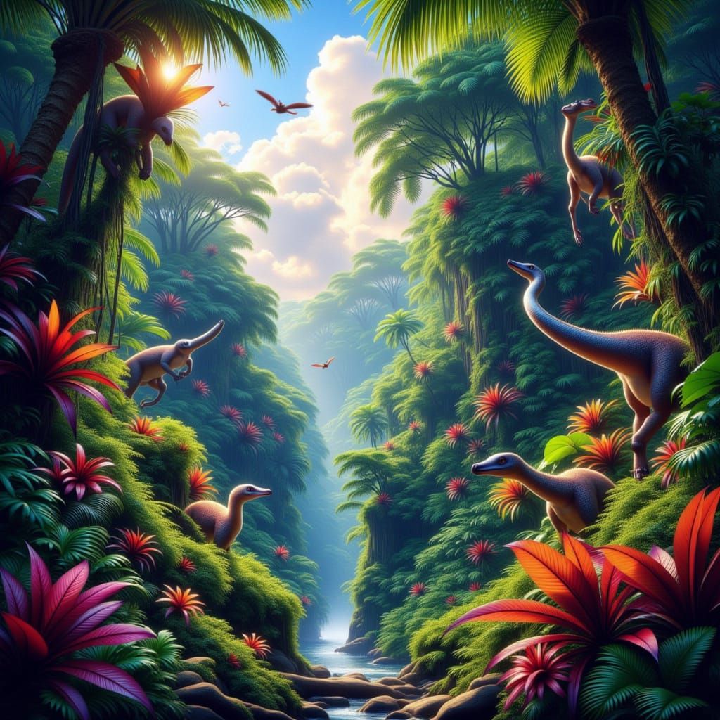 Vibrant Jurassic Jungle with Exotic Flora and Dinosaurs
