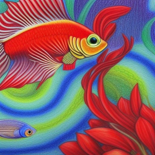 Detailed Colored Pencil Drawing of a Betta Fish