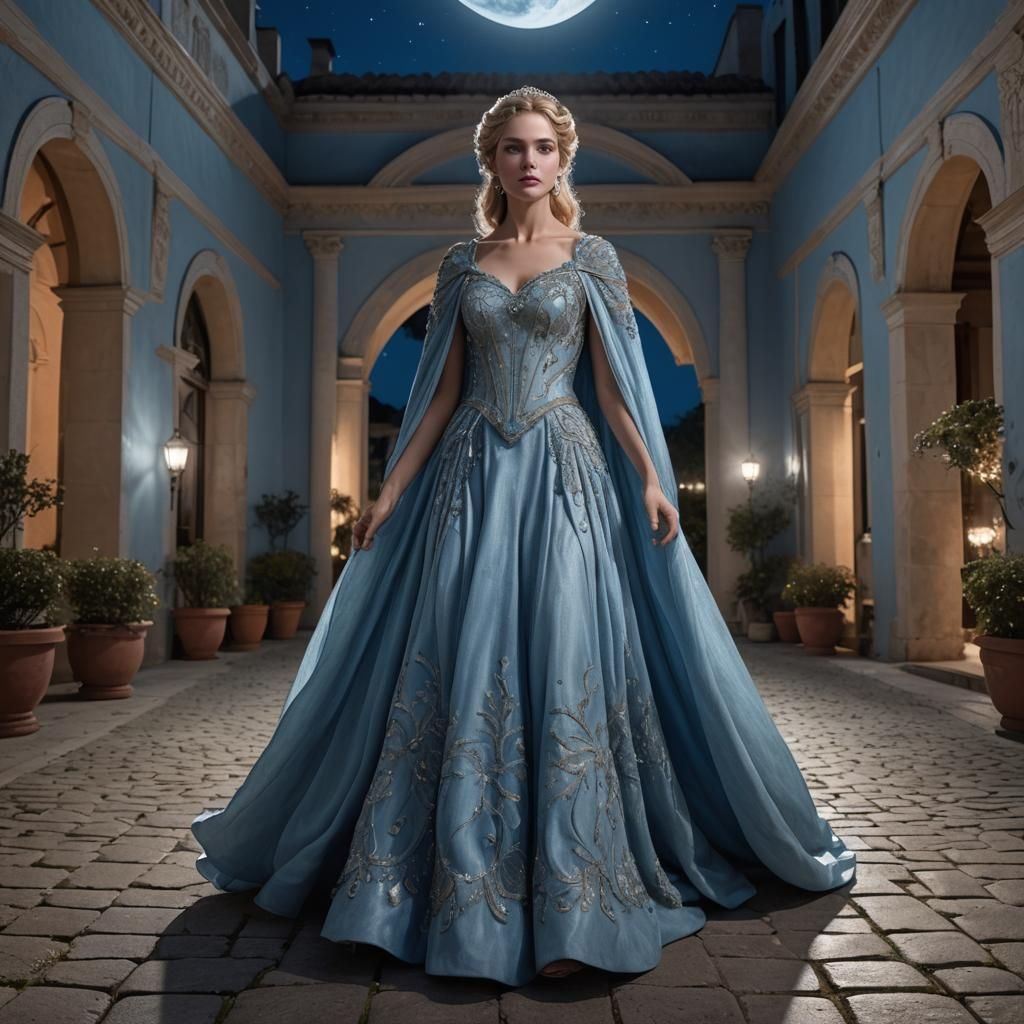 Aphrodite in Blue Gown Walking in Moonlight