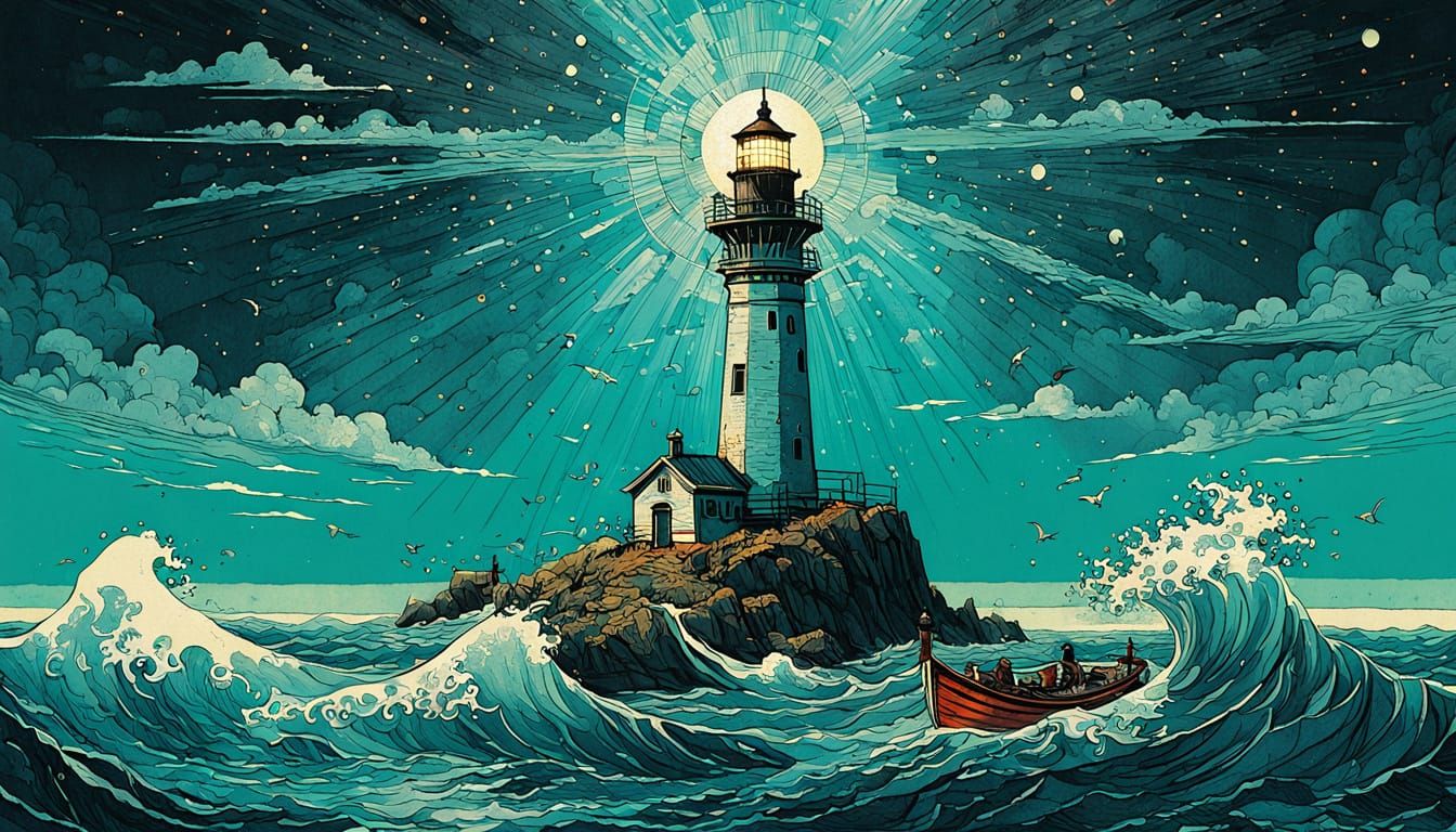 Turquoise Embossed Lighthouse Fantasy Art