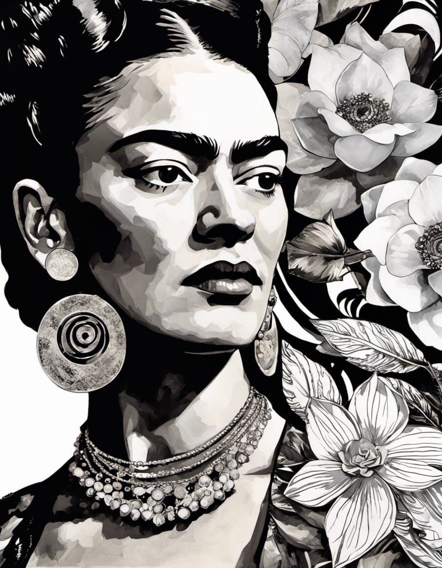 Frida Kahlo Portrait in Bohemian Tattoo Collage Style