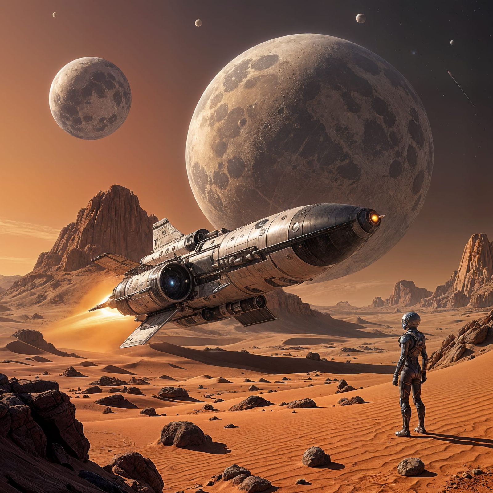 Sci-Fi Rocket on Desert Planet with Alien Observer