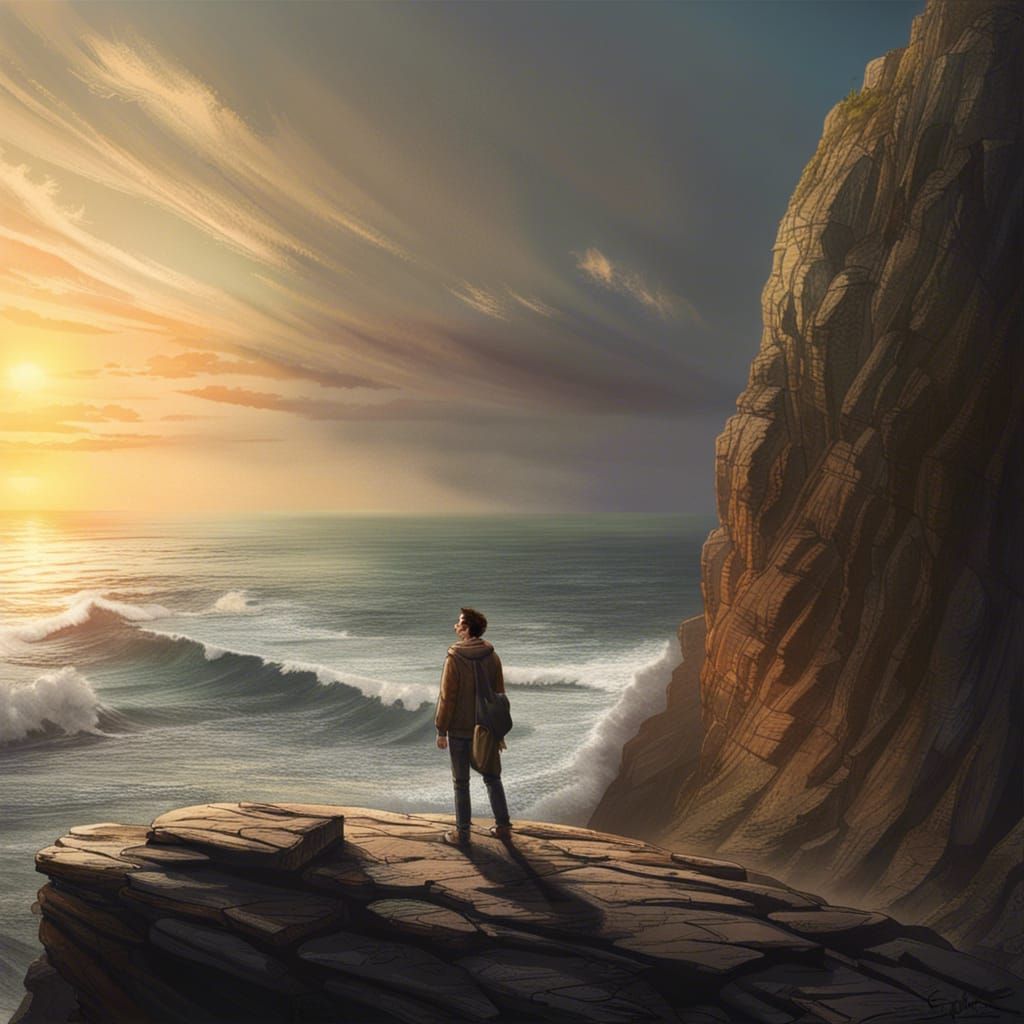 Yearning Figure at Cliff's Edge: Hyperrealistic Seascape