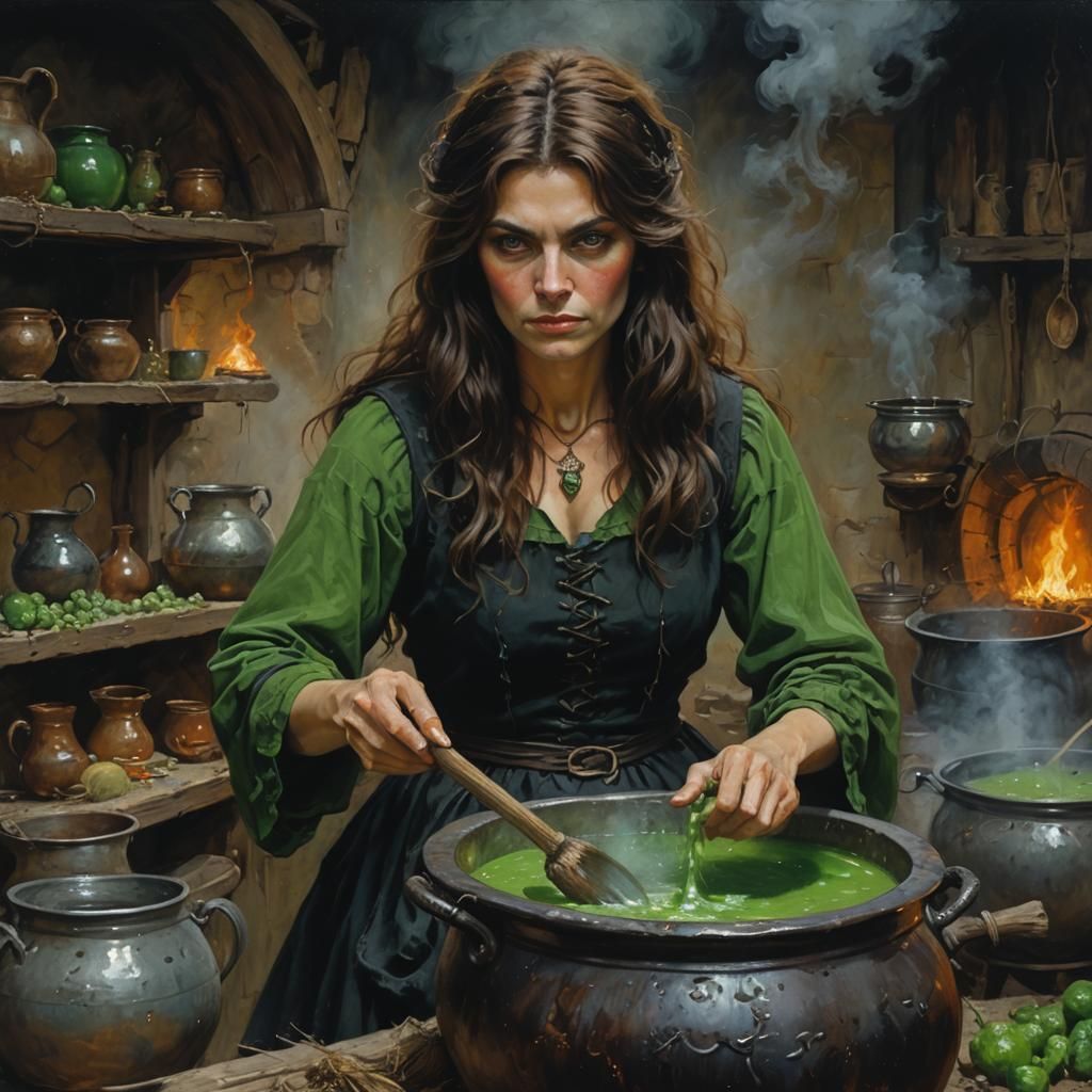 Brown-Haired Witch Mixing Cauldron as Oil Painting