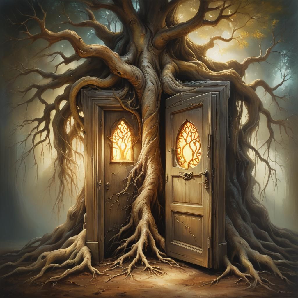 Mysterious Tree with Glowing Roots as Surrealist Oil Paintin...