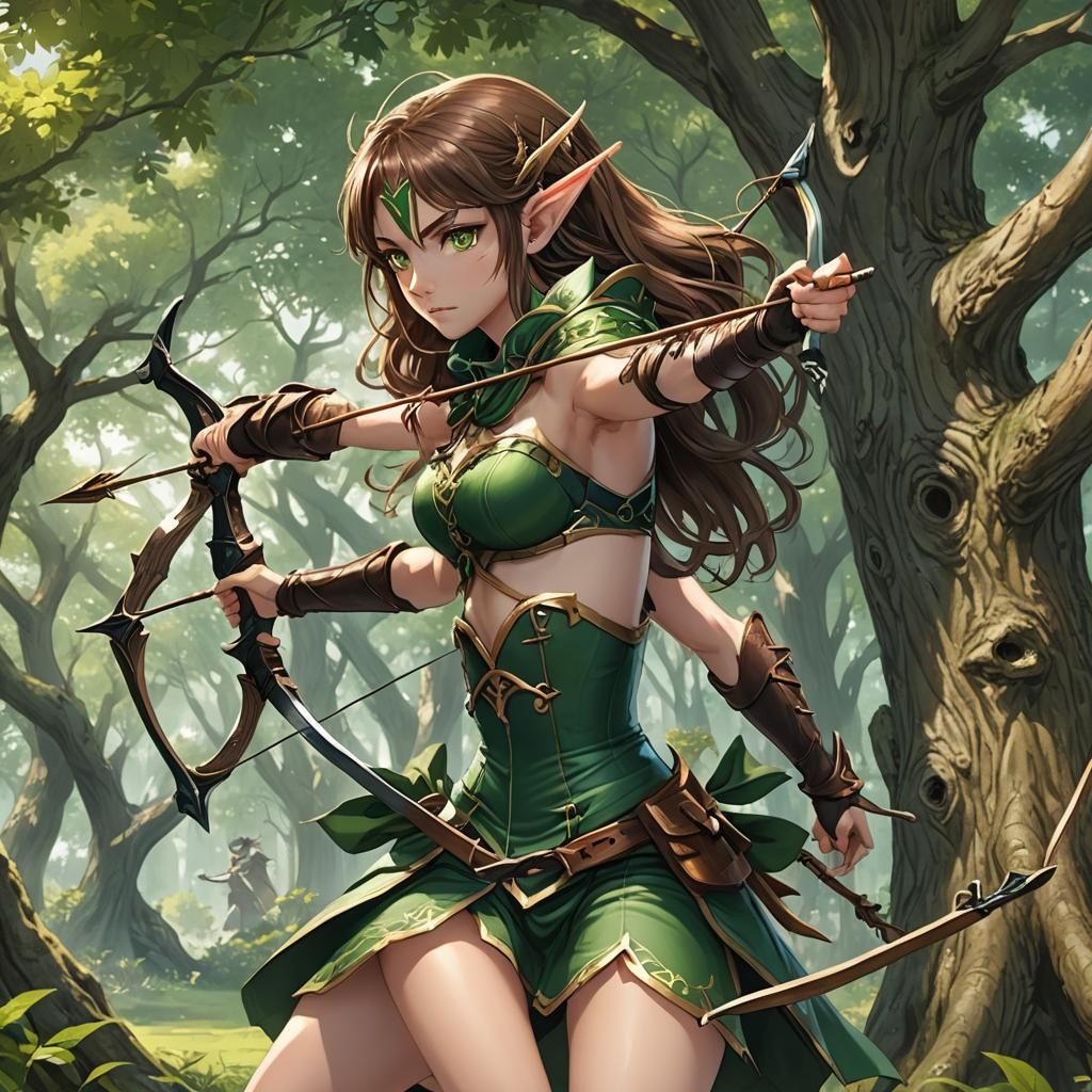 Elf Warrior Aiming Bow in Anime Style