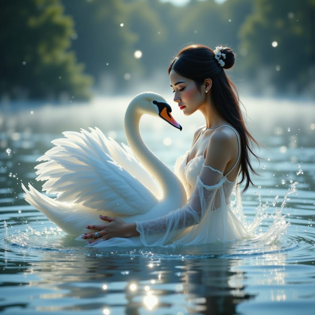 Ethereal Water Maiden Embraces Swan in Dreamlike Lake Scene