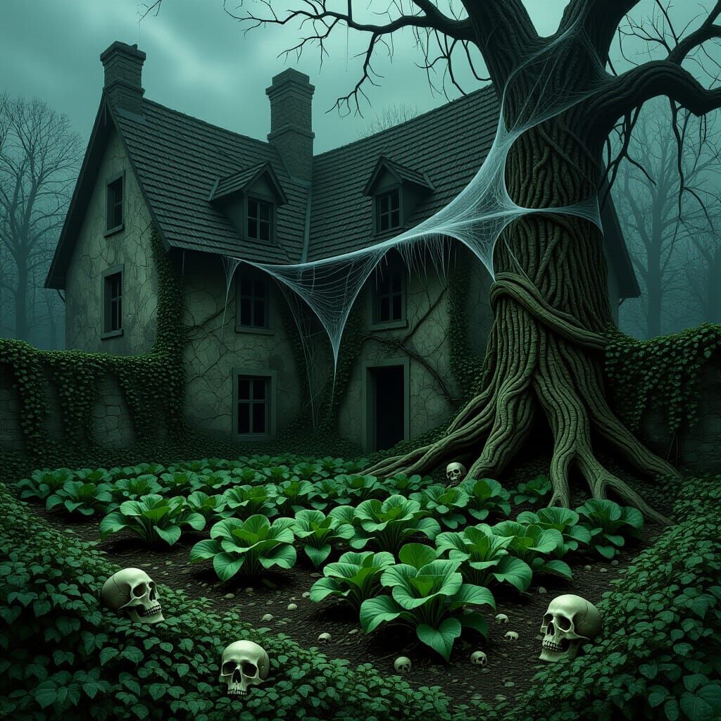 Eerie Overgrown Garden with Skulls in Biomechanical Style