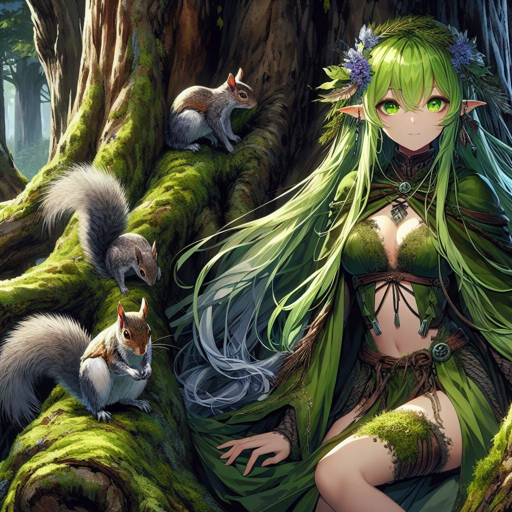Anime Druid Girl in Enchanted Forest
