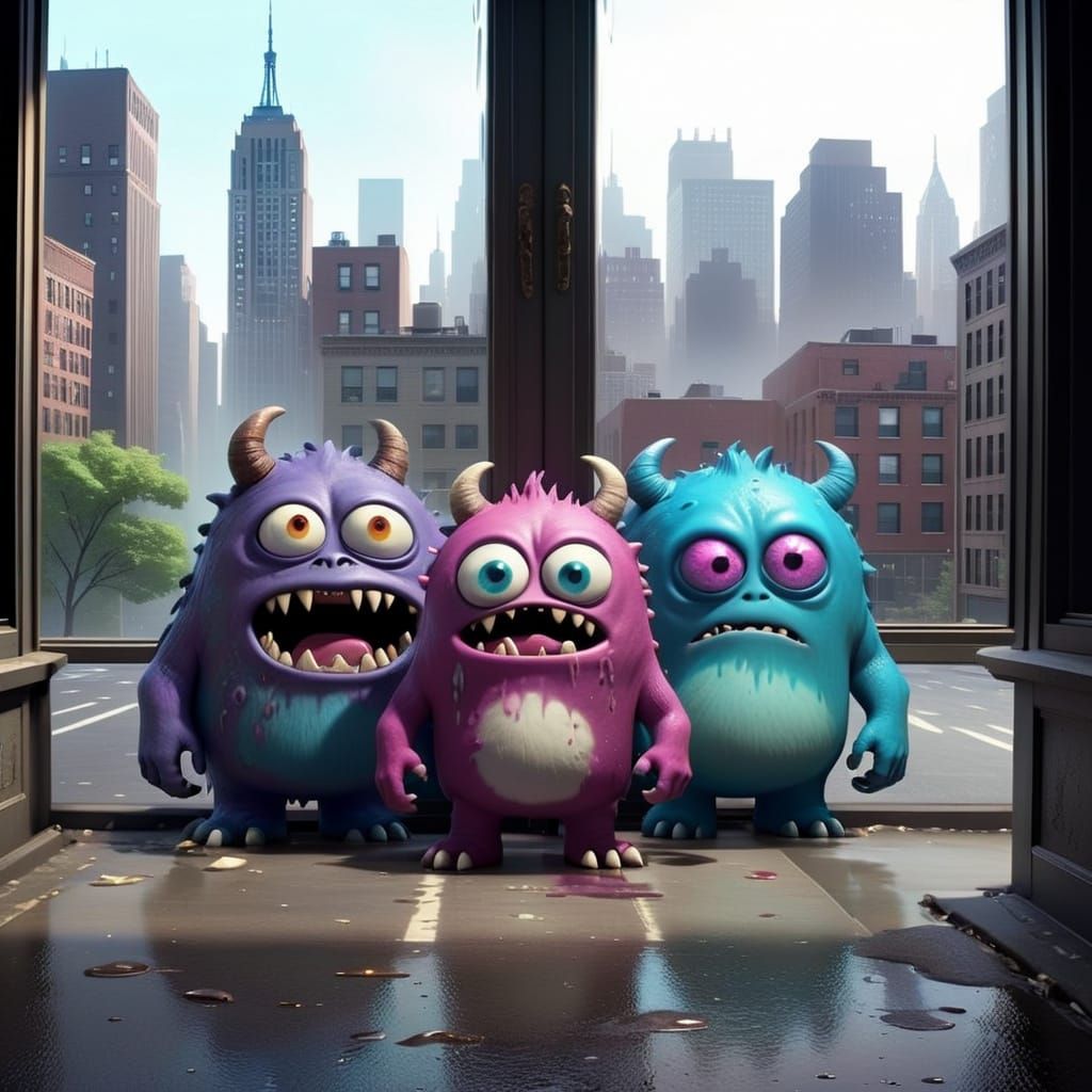 Three Little Monsters in Front of a NYC Window