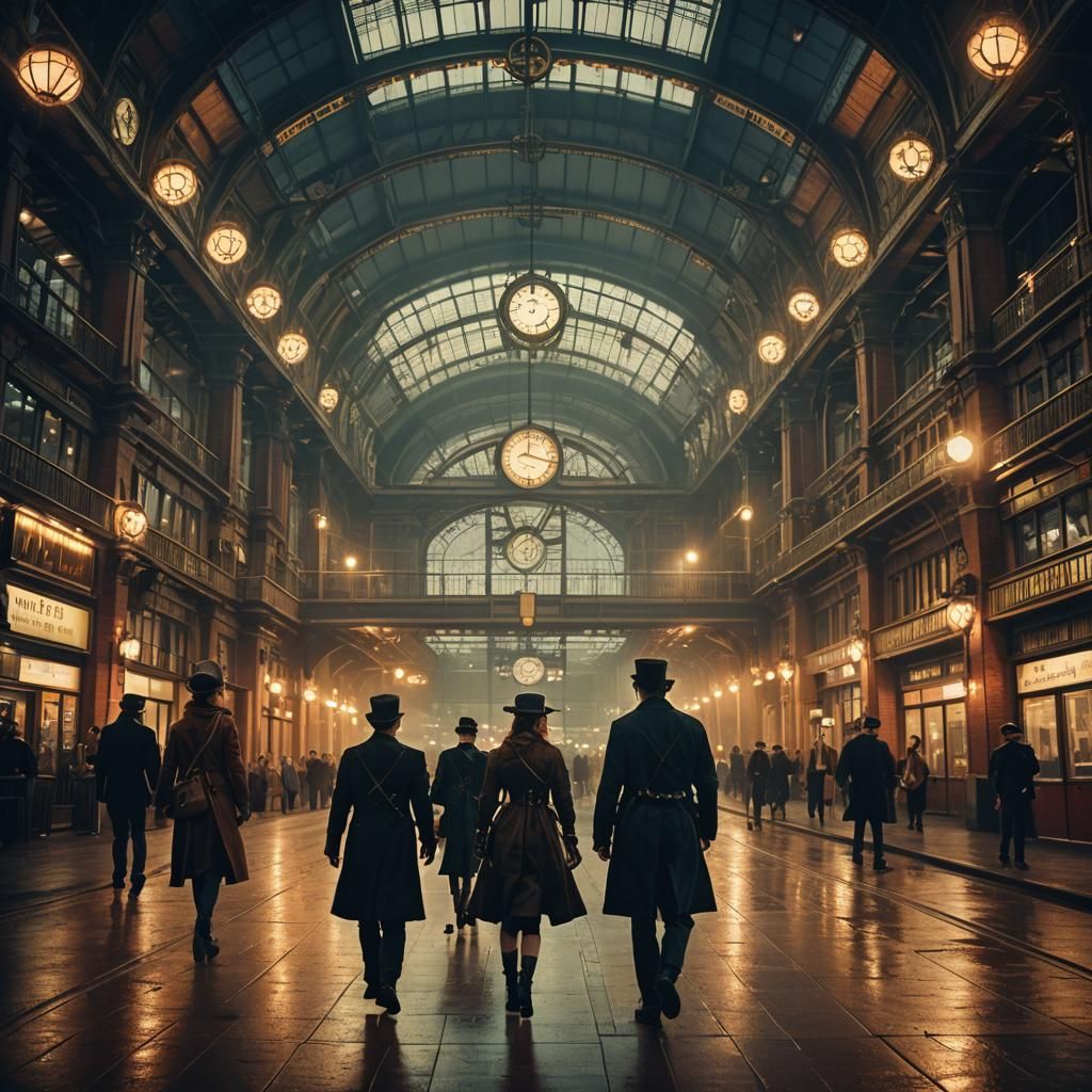 Steampunk Train Station at Night in Film Noir