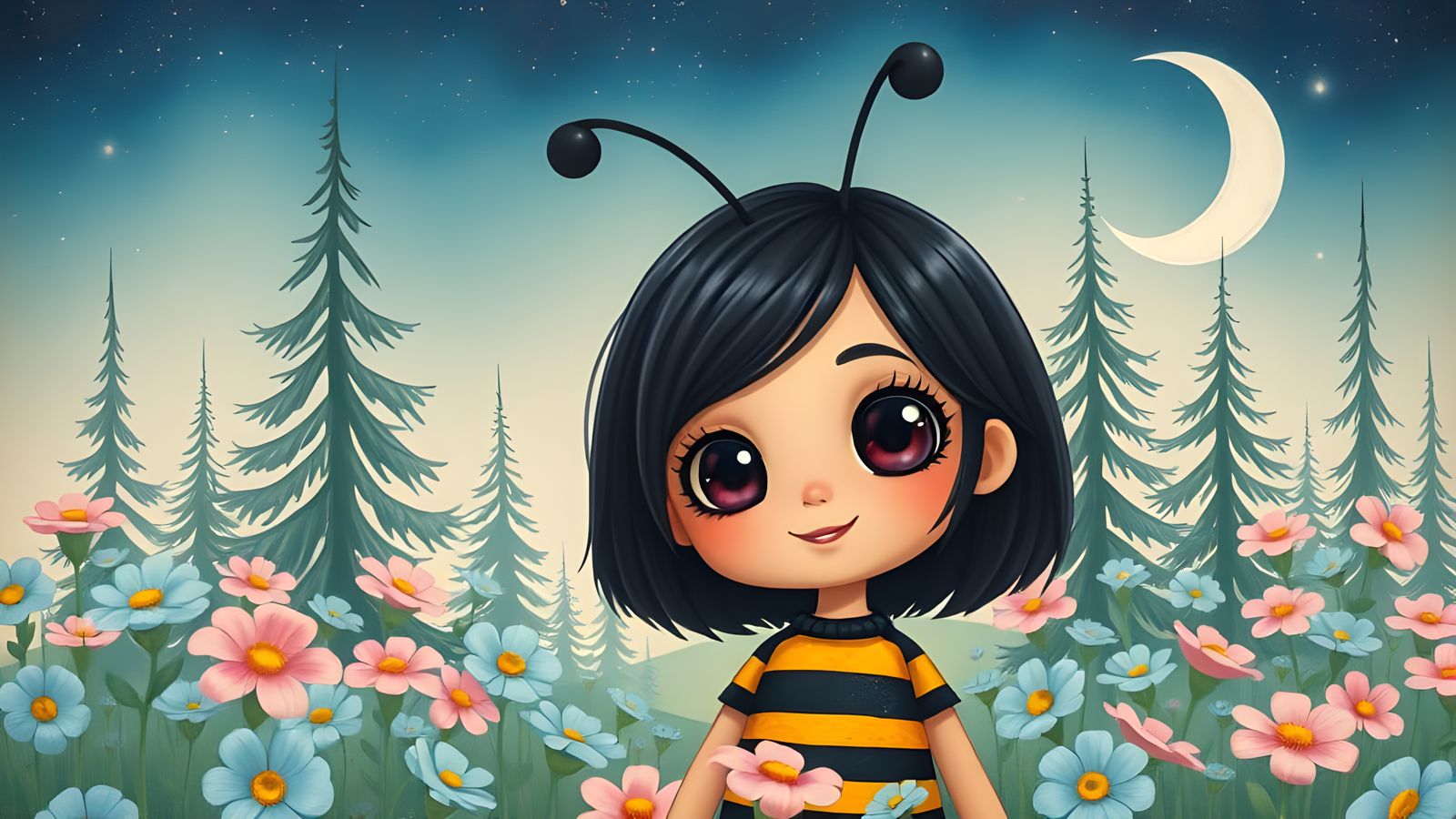 Chibi South Asian Girl in Whimsical Bumblebee Outfit Among P...