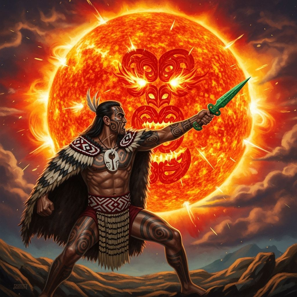 Maori Warrior Battles Sun in Dynamic Fantasy Art