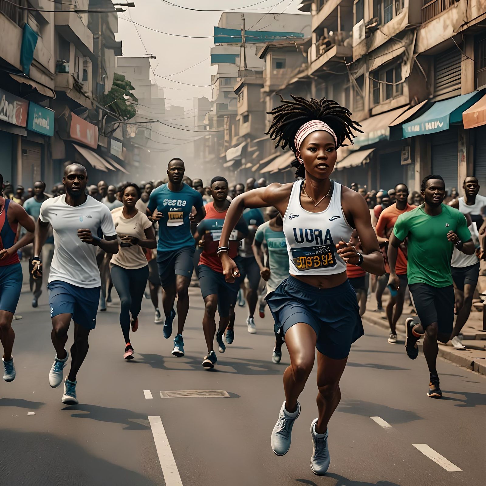 Yoruba Woman Running Marathon in Modern Nigerian City
