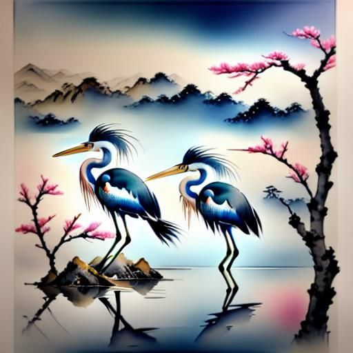 Herons Dancing by Sakura Tree in Ukiyo-e Style