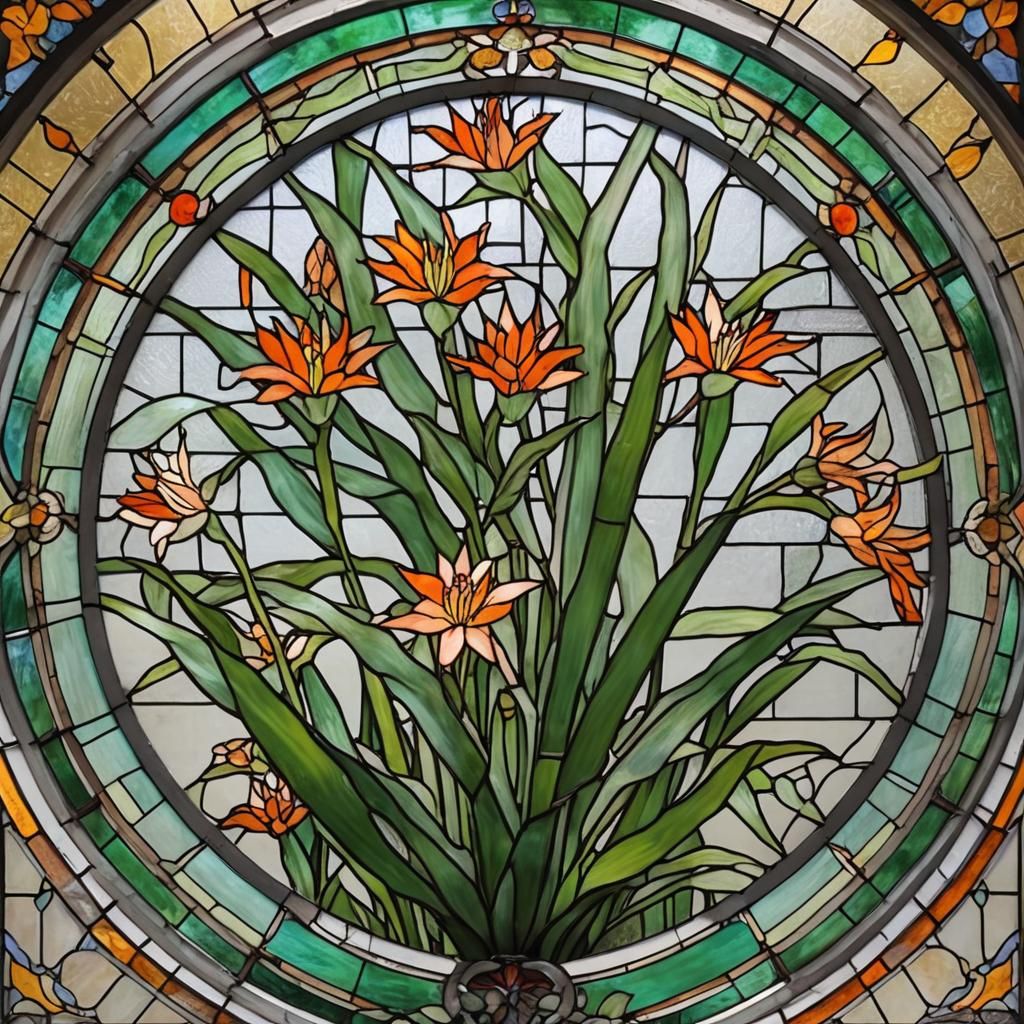 Stained Glass Aloe Vera Window with Blossoms